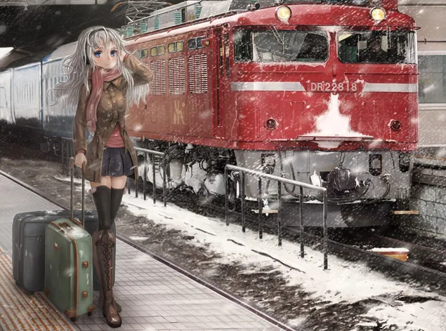 Anime train and blonde beautiful girl on snowy rails download