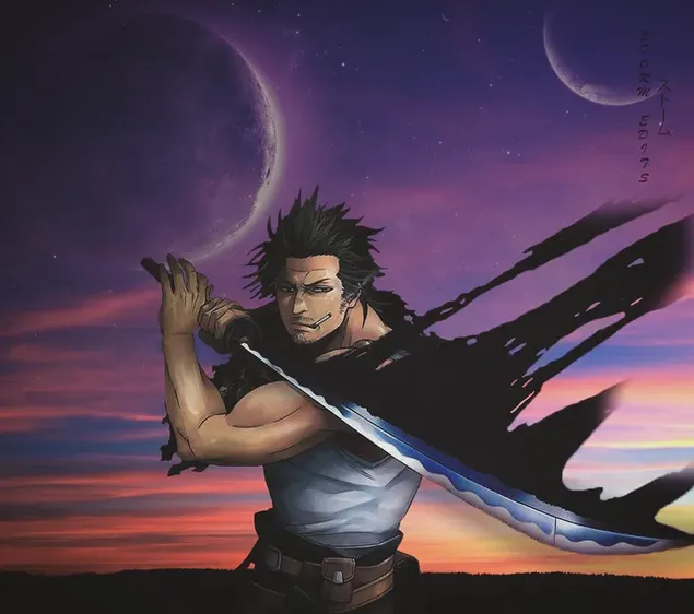 Ταπετσαρία Χαρακτήρας πολεμιστής anime που κρατά σπαθί στο χωράφι με θέα στον κόκκινο ουρανό και την πανσέληνο 2K