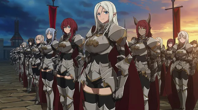 mujeres guerreras de anime con armadura alineadas para la batalla descargar