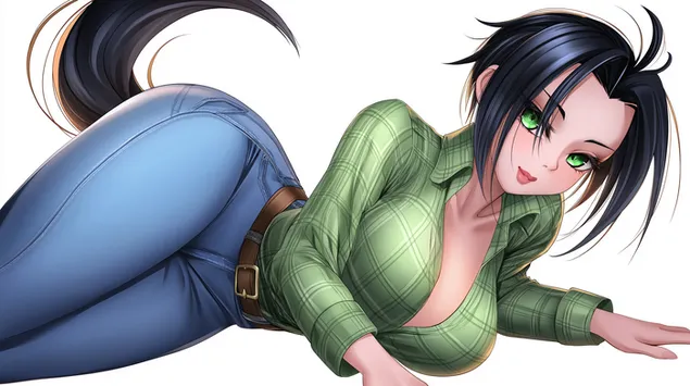 אישה אנימה בחולצה משובצת וג'ינס על רקע לבן 2K טפט