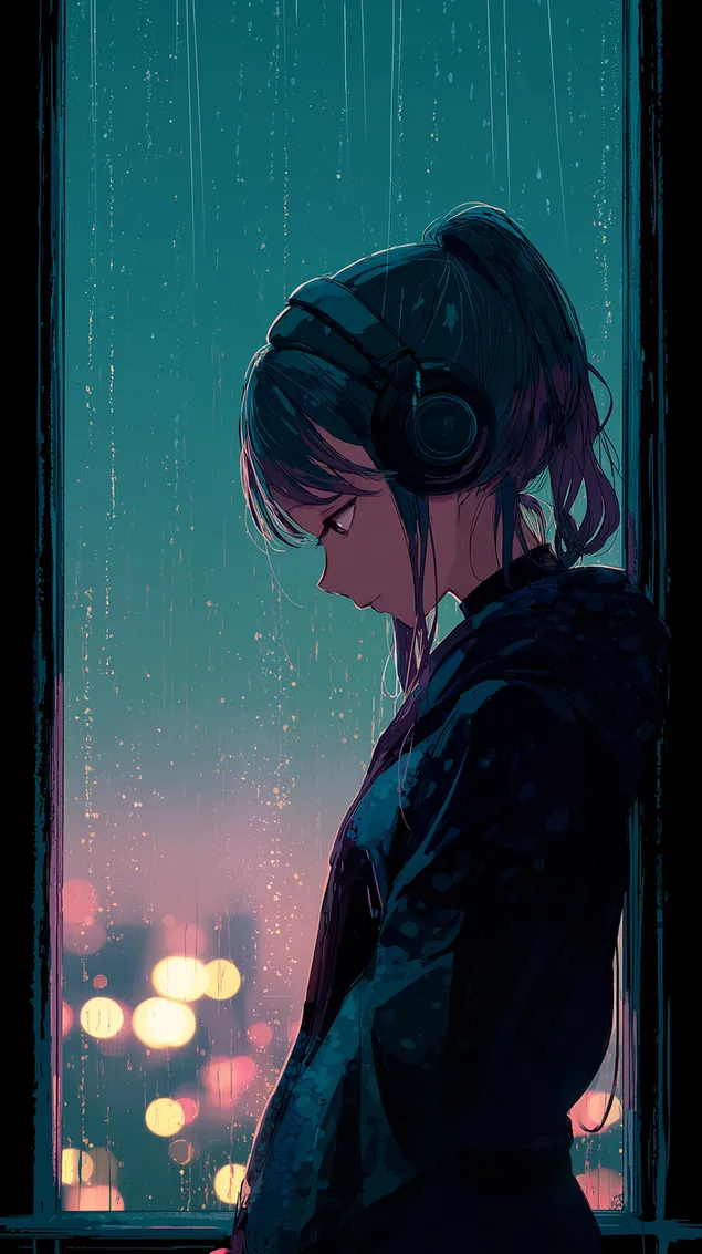 מבט בפרופיל של אישה אנימה אוזניות חלון עיר גשם HD טפט