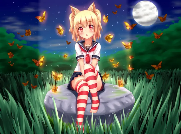 Animemeisje in nachtbos met vlinders