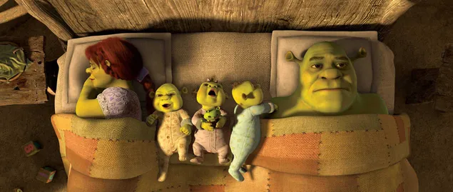アニメーション映画シュレックのシュレックとプリンセスフィオナが子供たちと一緒に寝る
