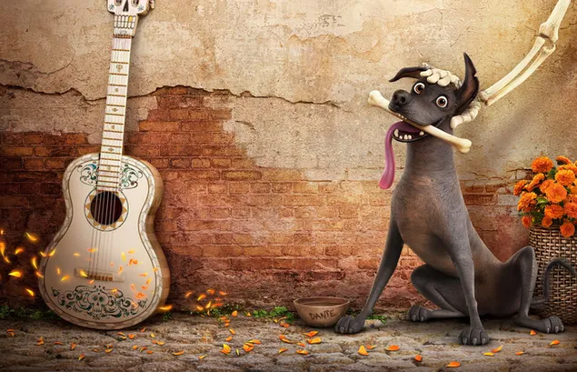 アニメ映画「ココ」では、かわいい犬が口の中の骨、ギター、花にとても満足しています。