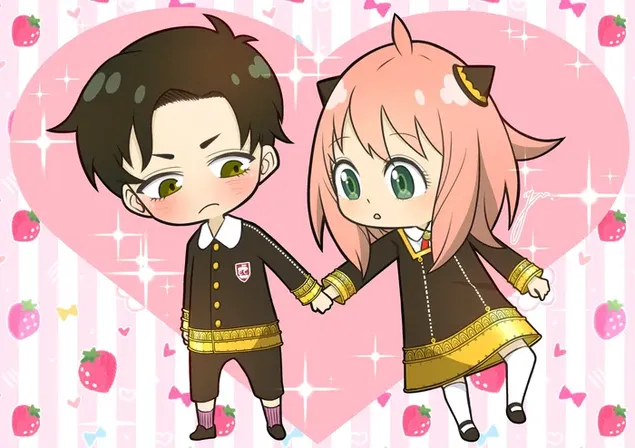 Anya and Damian holding hands with heart and strawberry background