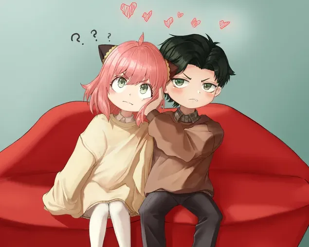 Anya and Damian sitting in a red couch 