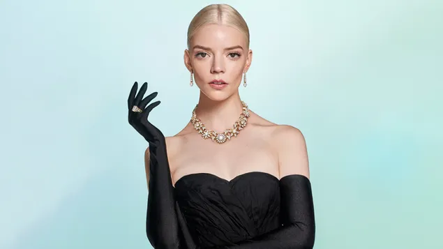 Páipéar balla Anya Taylor-Joy i gúna dubh8K