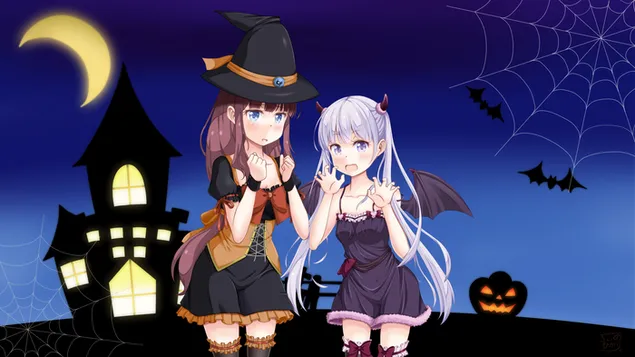 Aoba en Hifumi in Halloween-kostuum 4K muurpapier