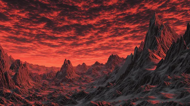 Peisaj apocaliptic cu munți zimțați sub un cer roșu aprins 2K imagine de fundal