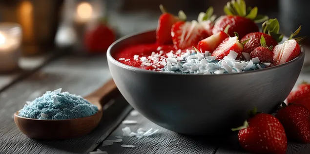 atraktivni smoothie miska ozdobena jahodami a kokosem stahnout