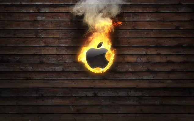 Apple-logo in vuur en mist op houten vloer download