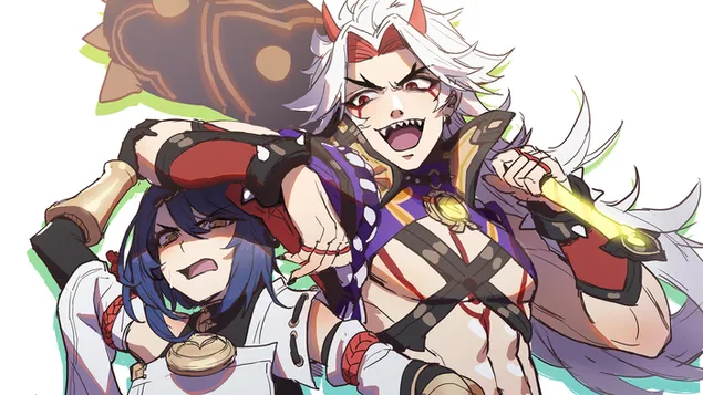 'Arataki Itto' 戲弄'Kujou Sara' | Genshin Impact（動漫電子遊戲） 4K 壁紙