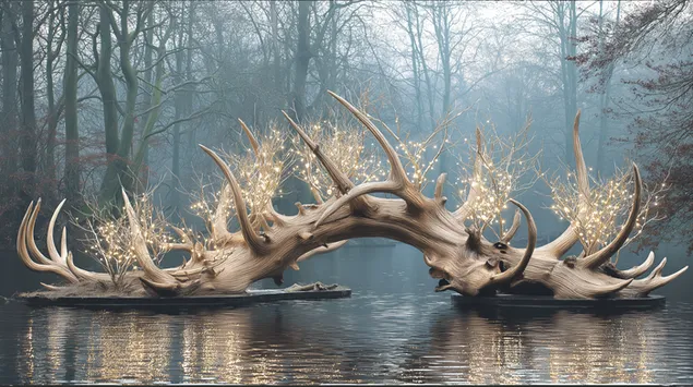 霧氣瀰漫的池塘中閃爍著燈光的拱形浮木雕塑 2K 壁紙