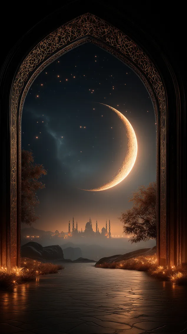 נוף מקושת של נהר מואר באור ירח לעבר נוף עירוני רחוק HD טפט