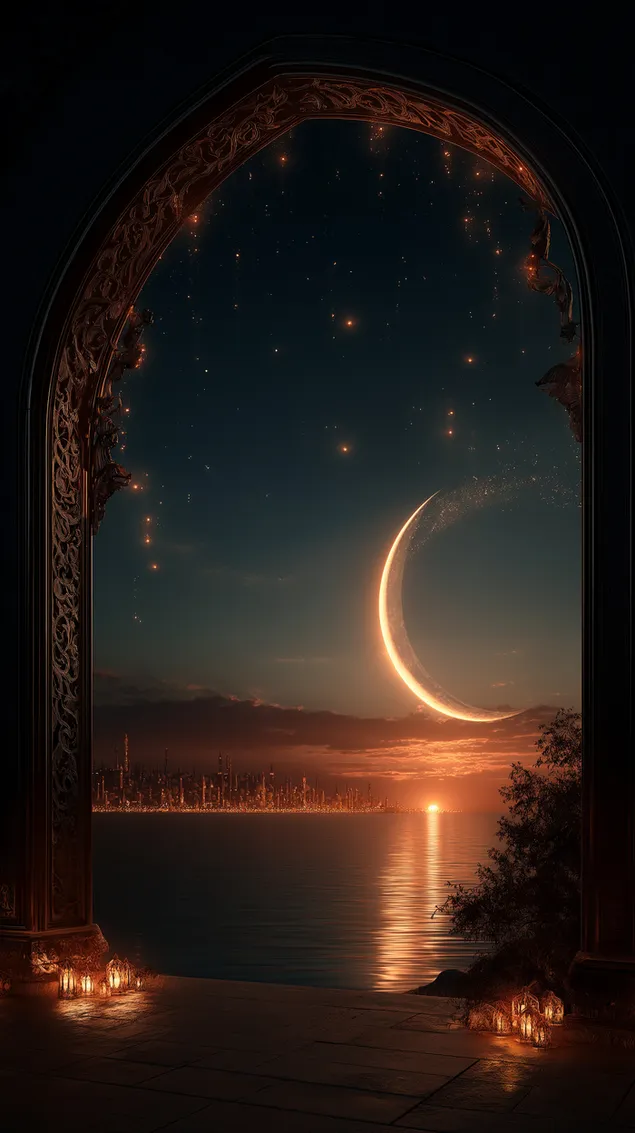 muat turun vista melengkung ke masjid cahaya bulan dan bandar di twilight