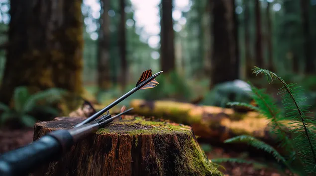 flecha de arco e flecha apoiada em toco de arvore coberto de musgo em ambiente florestal download