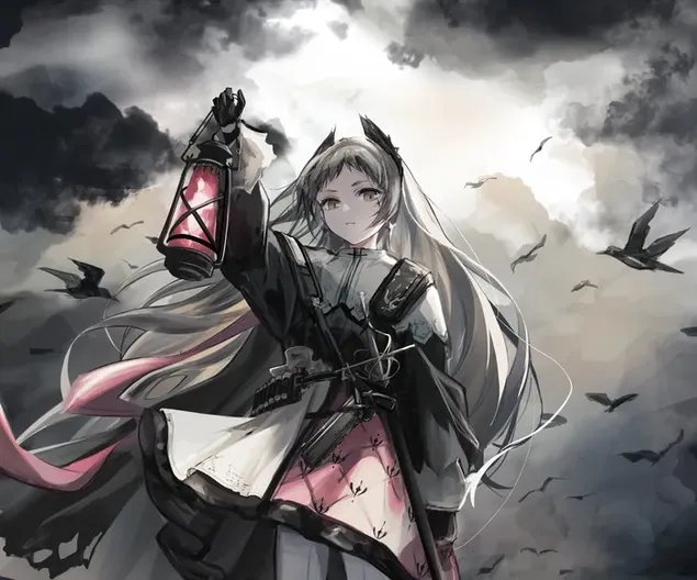 personazhi i lojes arknights me floke te bardhe me floke te gjate, personazhi i bukur anime irene mban nje llambe shkarkim