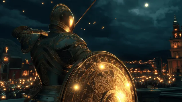 bron'ovaniy zakhisnik z vidom na stsenu urochistoyi nochi zavantazhiti