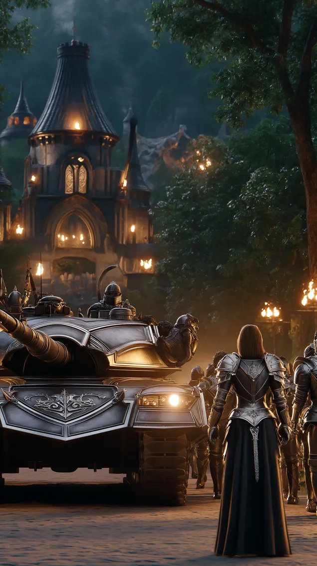 Gepantserde Ridders Ontmoet 'n Moderne Tenk by Antieke Kasteel HD muurpapier