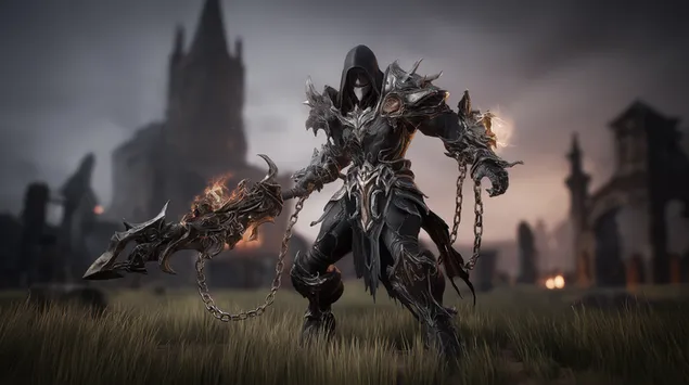 Шпалери Броньований воєначальник з вогняною зброєю в пустельному ландшафті 2K