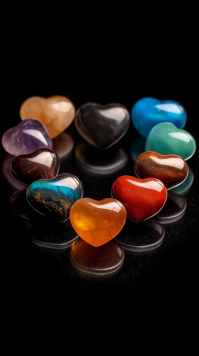 conjunto de pedras polidas em formato de coracao em uma superficie preta reflexiva download