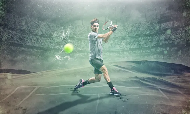 Artiktischer Hintergrund und Roger Federer schlagen den Tennisball herunterladen