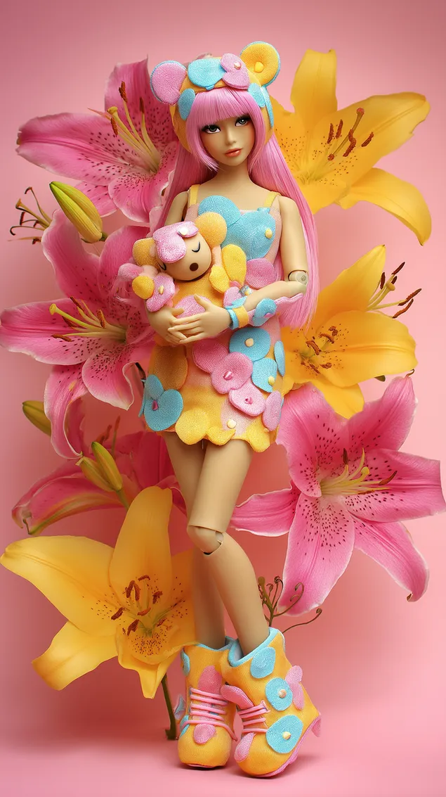 Artikuleret dukke med bamse i blomstertøj og liljer HD baggrundsbillede