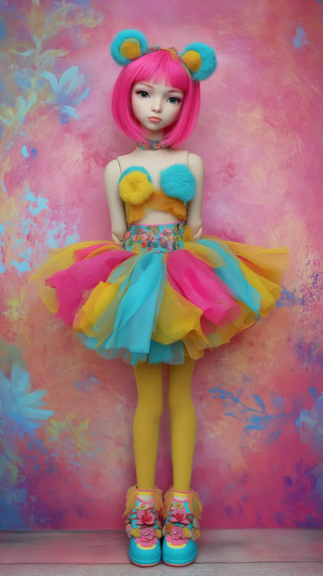 Artikuleret dukke i lys fantasi-tutu og pomponer HD baggrundsbillede