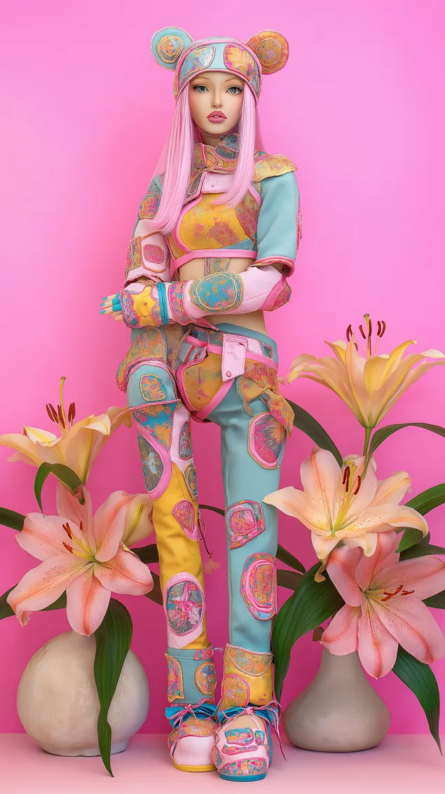 Artikuleret dukke i patchwork-fantasioutfit med liljer HD baggrundsbillede