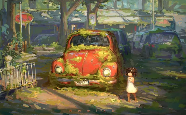 Tapeta Artistic Anime - Malá holčička v opuštěné vesnici 2K