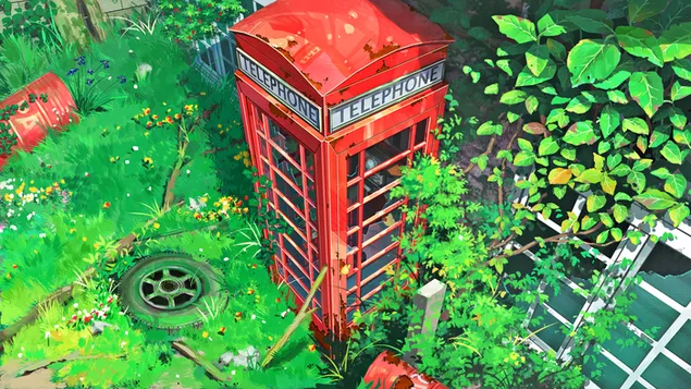 Artistic anime telephone booth and nature 