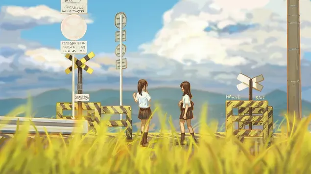 Anime Artistik - Dua gadis di trotoar 2K wallpaper