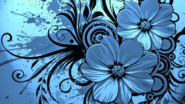 Künstlerische schwarze Blume auf blauem Hintergrund gezeichnet 2K Hintergrundbild