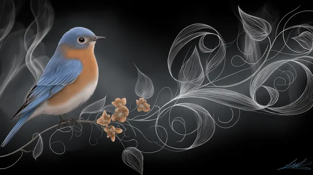 Tapeta Umelecký modrý vták na konári s elegantnými vírmi a kvetmi 2K