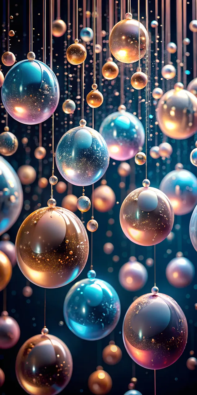 Hình nền Cận cảnh nghệ thuật của những giọt phấn hình cầu màu hồng phấn, xanh da trời và vàng kem với những vệt hạt lấp lánh 2K