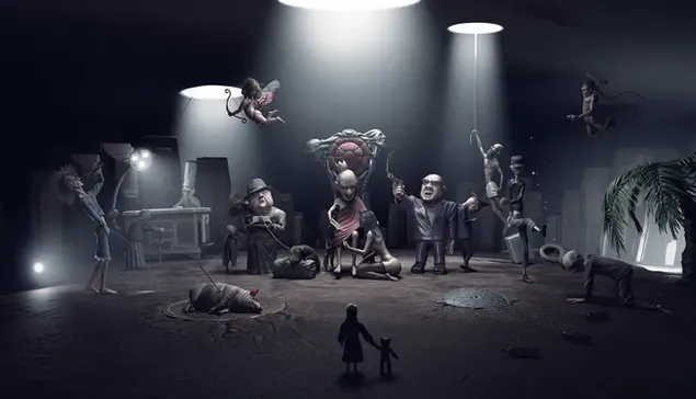 Vizatim artistik i personazheve anime në dhomën e errët të errët të ndezur nga llambat HD sfond