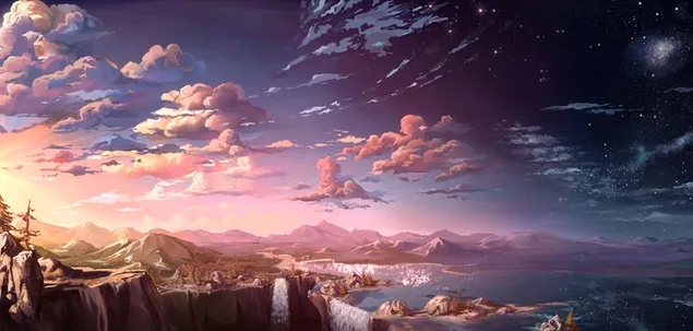Artistieke tekening van plas tussen bewolkte samengeklonterde lucht en bergen en heuvels 4K achtergrond