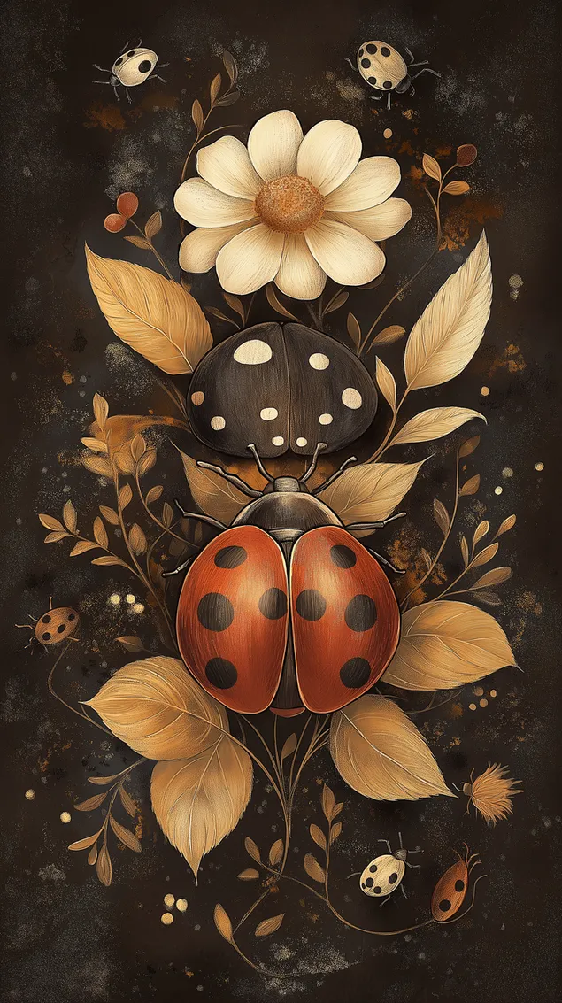 Umetniška cvetlična kompozicija z žuželkami in listi HD ozadje