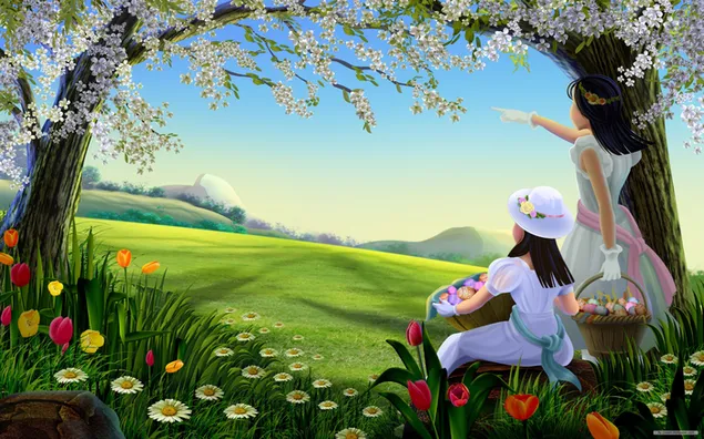 Artistic girls gather flowers in a basket for Easter  download