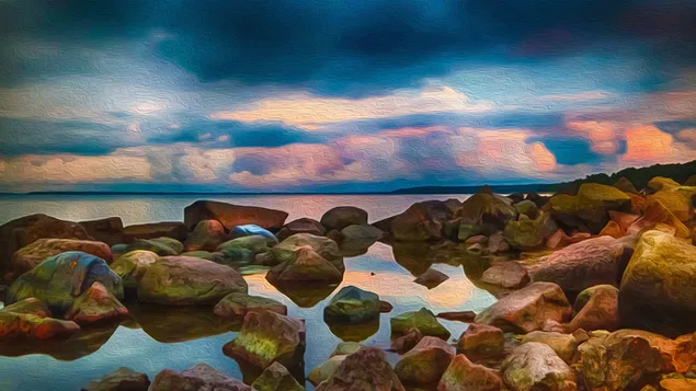 Artistiek schilderij van rotsen aan de kust