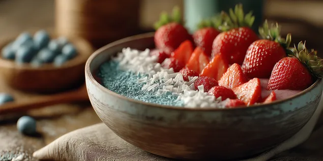 taiteellinen smoothie-kulho, jonka paalla on hedelmia ja raastettua kookosta lataa