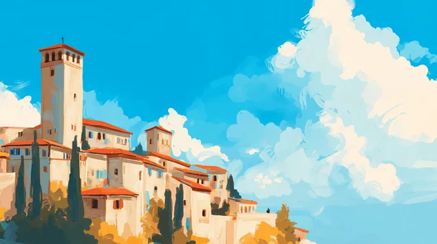 vista artistica de la ciutat toscana amb torre i cel dramatic baixada