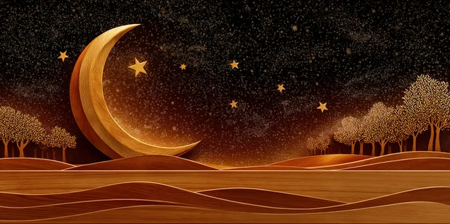 Artistiek houten landschap met een grote gelaagde maan en sterrenhemel 2K achtergrond