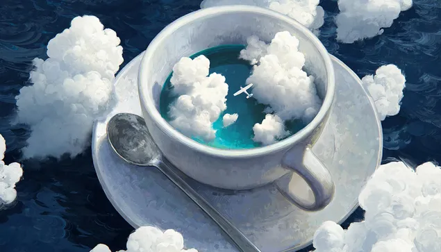 Artistiek schilderij van Oceaan in een theekopje met vliegtuigen en wolken