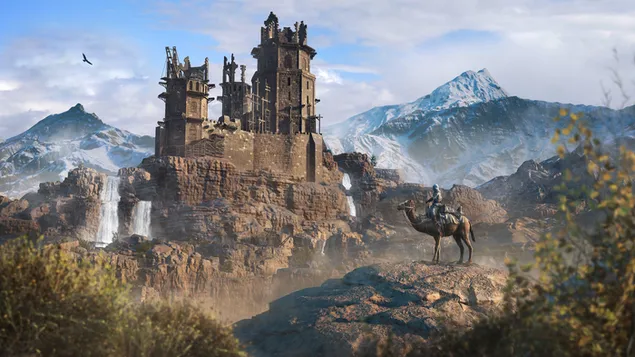 Assassin's Creed Mirage-spilkarakteren på en kamel vendt mod slottet download