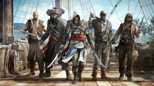 Assassin's creed personage piraat met vijf zwaarden op schip buiten op zee