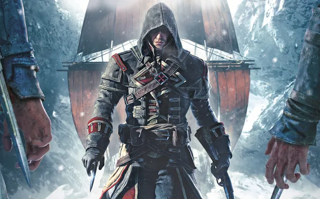 Assassin's Creed Rogue series characters fighting in the snow 2K wallpaper