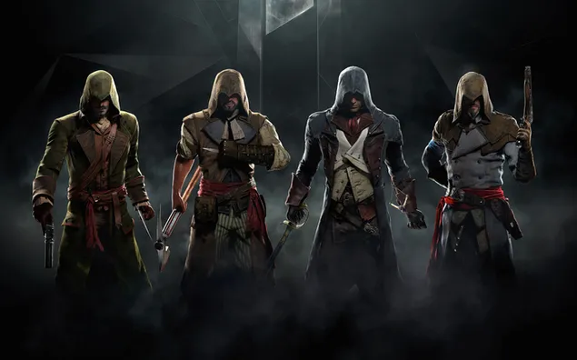 Assassin's Creed: Unity - alle hoofkarakters - ezio, altair, desmond, connor 2K muurpapier