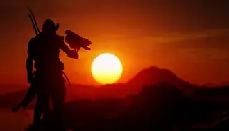 personagem do jogo assassins creed e silhueta de aguia