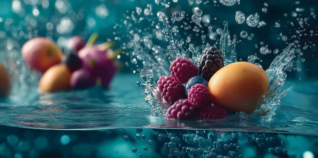 ivairiu uogu ir citrusiniu vaisiu purslai gaivinanciame skystyje atsisiusti